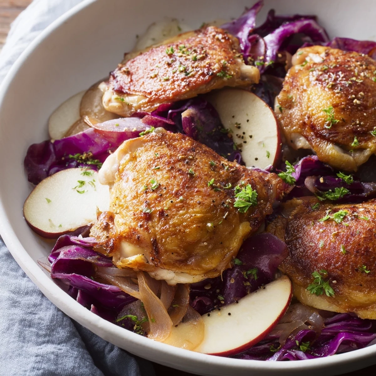 Aromatic Oktoberfest Chicken and Red Cabbage Bake with soft potatoes, glistening after being baked.