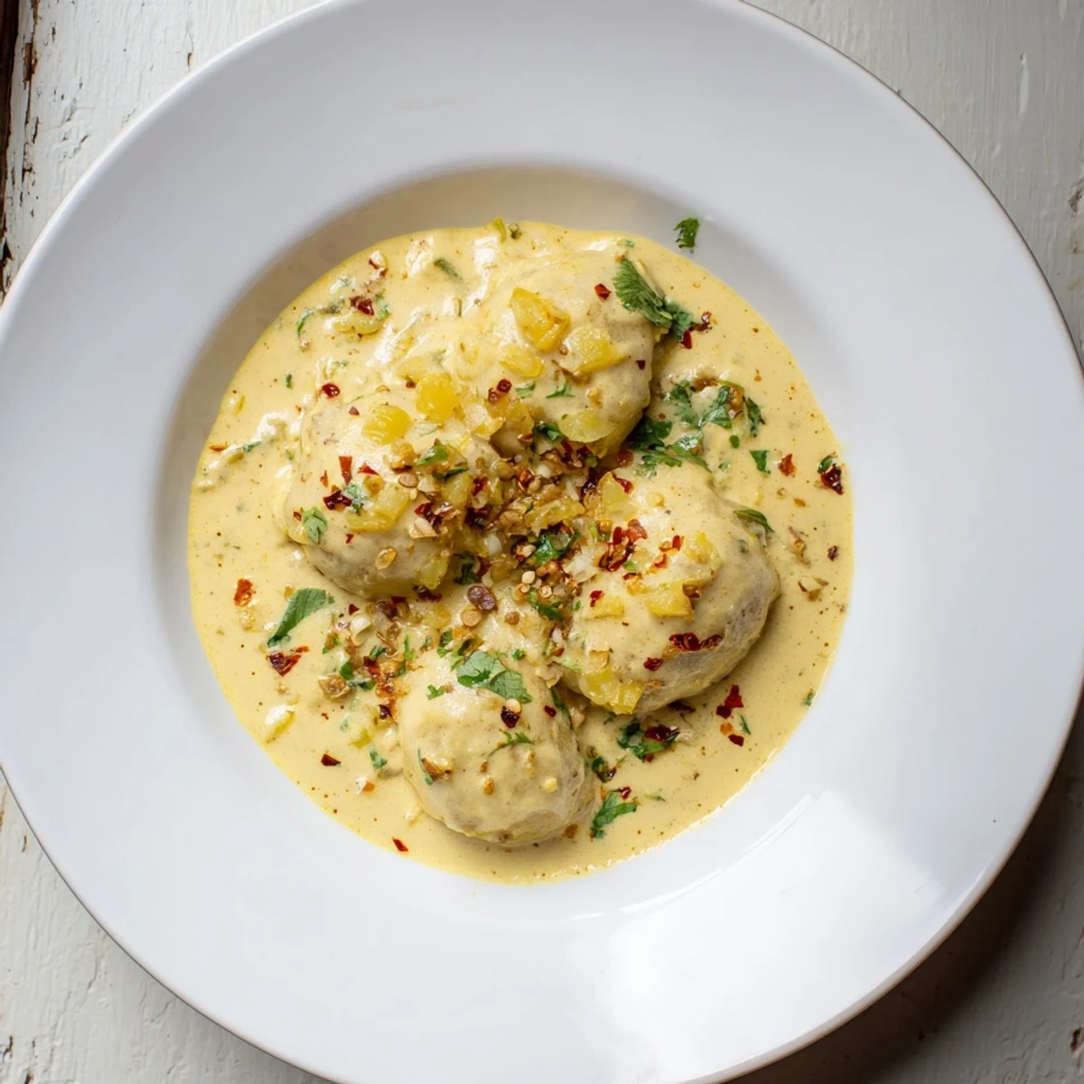 Steaming Curry Comfort Potato Dumplings swimming in rich, creamy coconut curry, ready to savor.