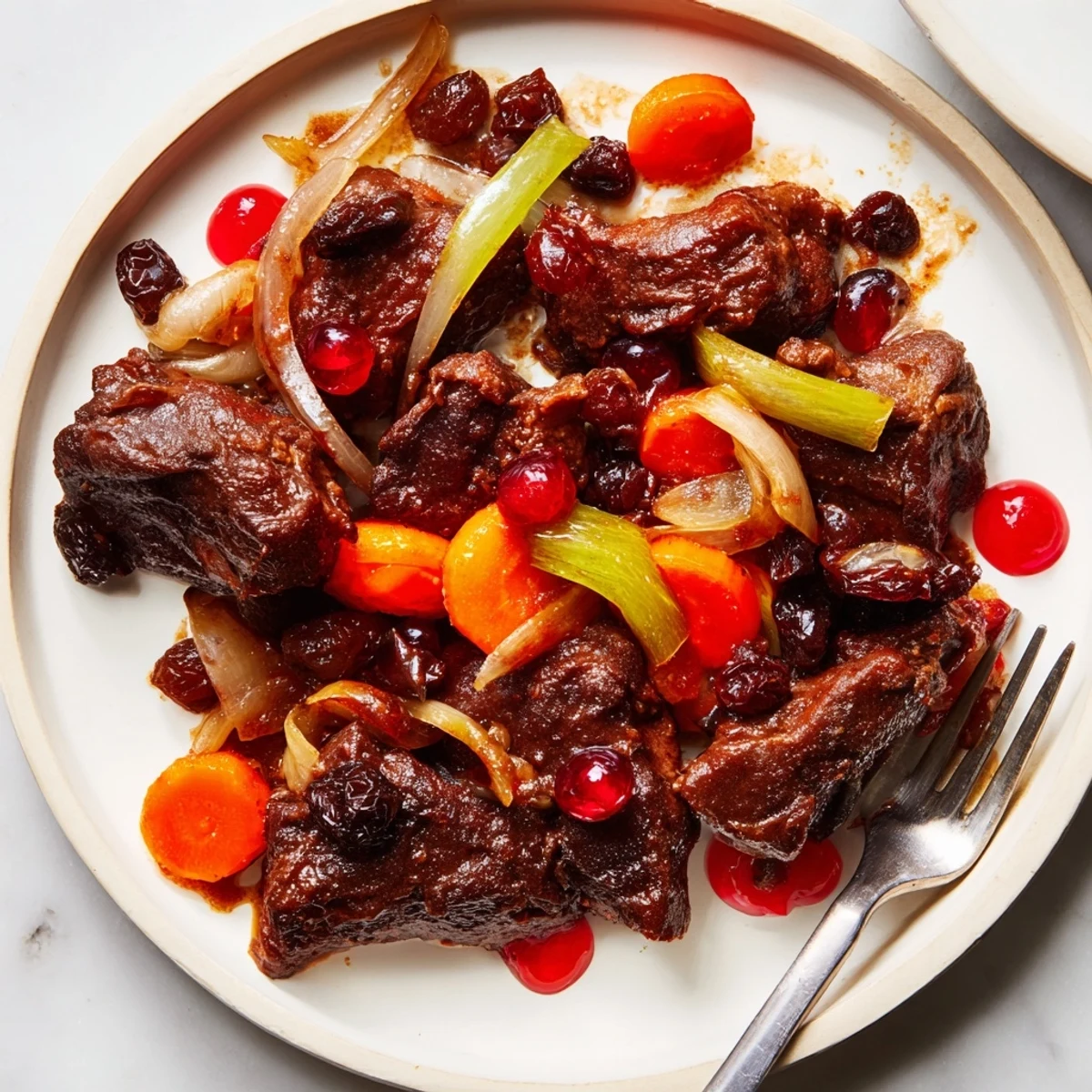 Tender pork chunks bathe in a rich, tangy sauce: a close-up of Sweet and Sour Sauerbraten.