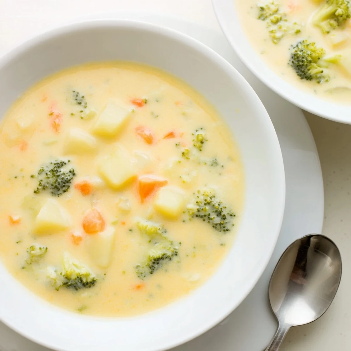 This creamy broccoli and cheese soup simmers gently, promising a comforting, vegetarian dinner choice.