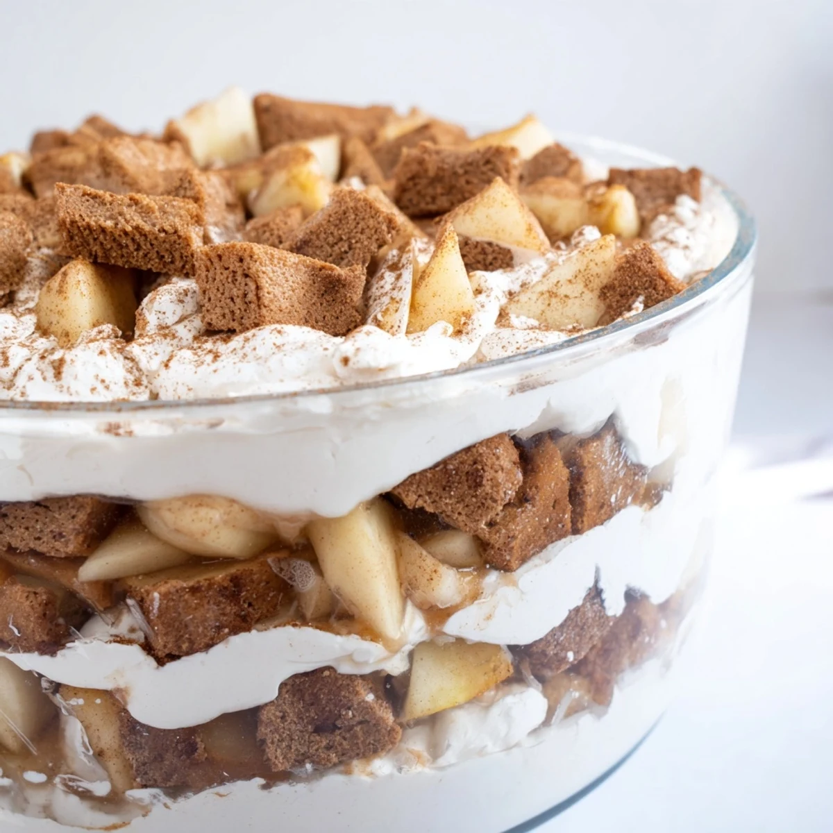 Golden layers of Budget Spekulatius Cookie Trifle topped with whipped cream, ready for a party.