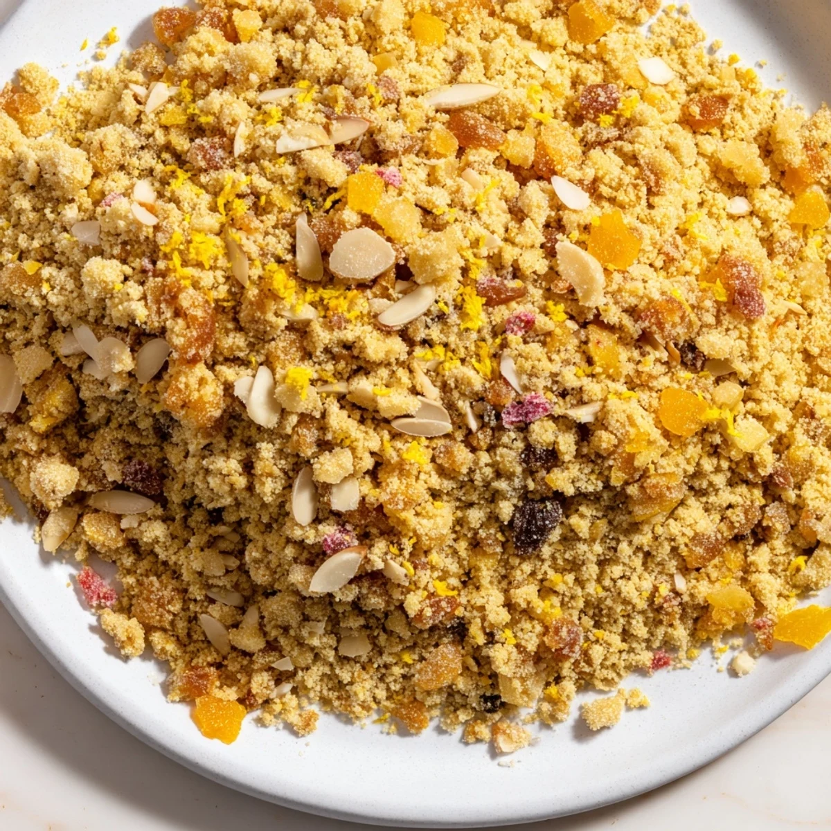 Quick Stollen Crumble Topping: Golden, textured crumble with candied citrus, ready to sprinkle onto desserts.