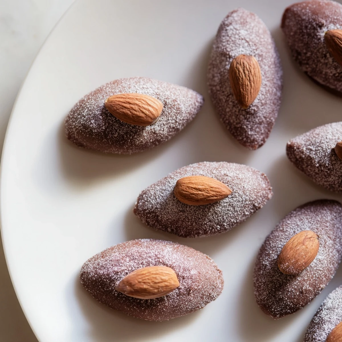 Close-up of Quick Marzipan Almond Candy, featuring a simple almond pressed on top for flavor.