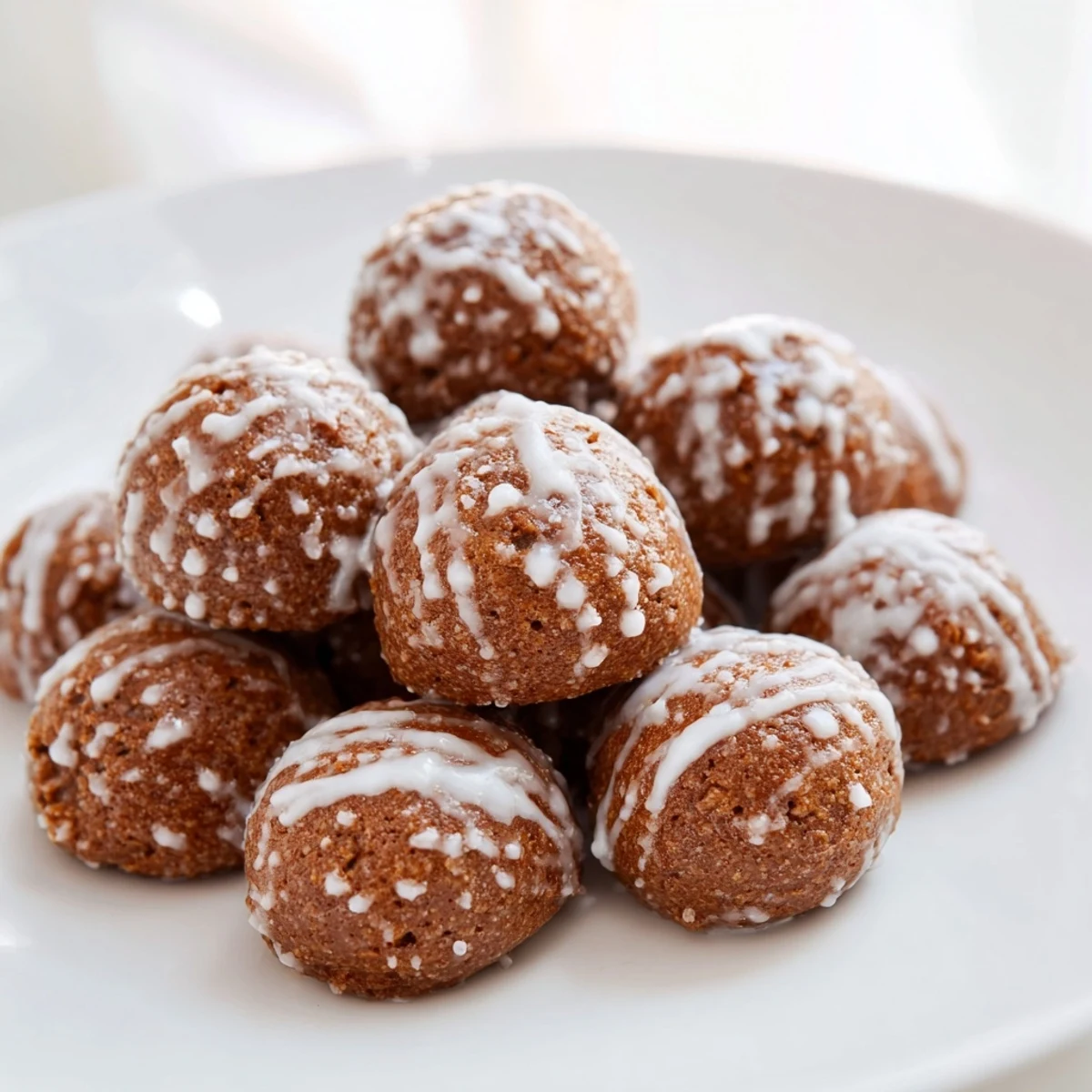 Golden-brown Simplified Lebkuchen Gingerbread Bites drizzled with sweet white glaze, ready to eat.