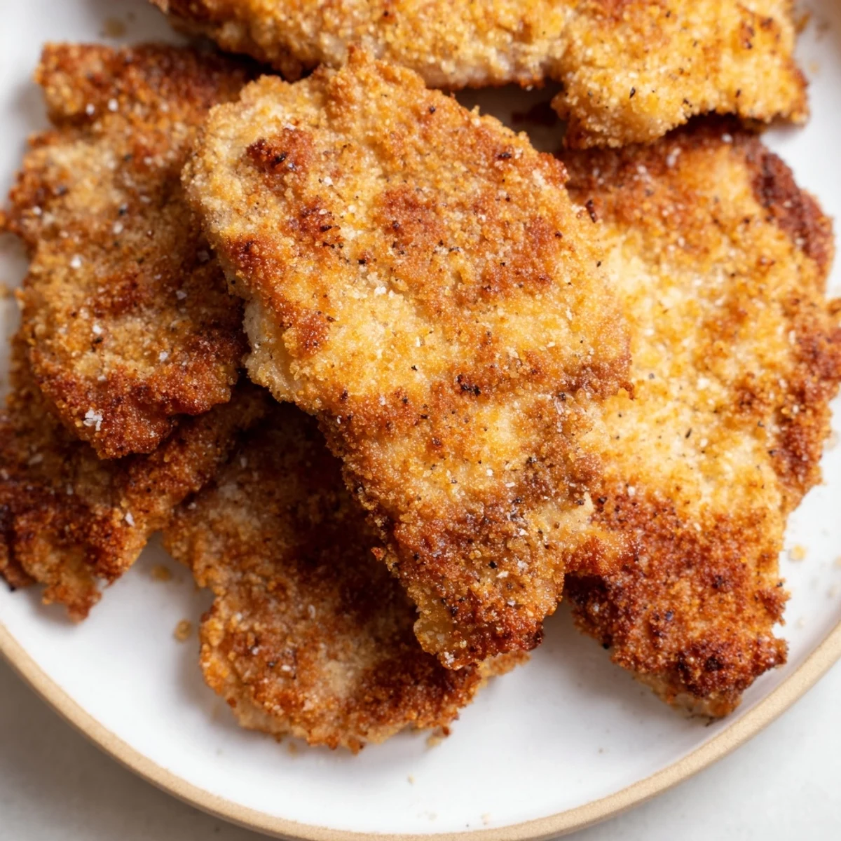 Close-up of perfectly cooked Air Fryer Schnitzel cutlets with visible breading, ideal for a quick, delicious dinner.