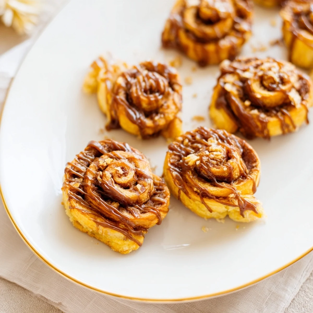 Warm Budget ZimtschneckenBites, drizzled with glaze and dusted with cinnamon, are perfect dessert finger food.