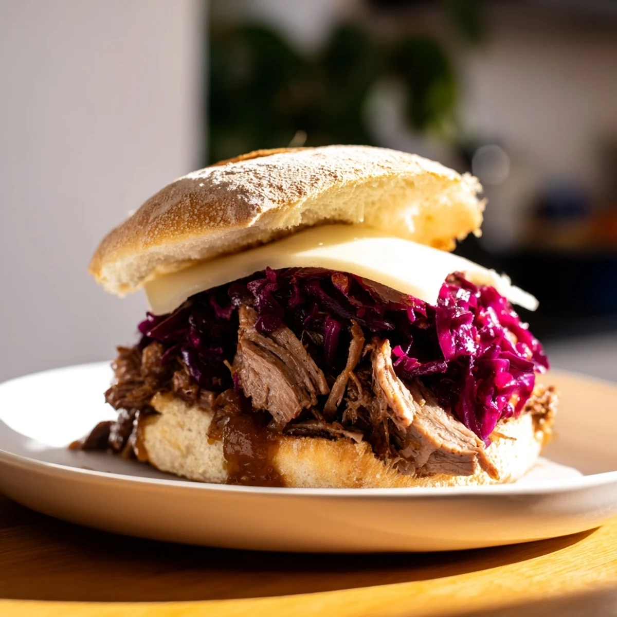 Tender Sauerbraten sliders, loaded with shredded pot roast, tangy sauce, and warm buns, ready to eat.