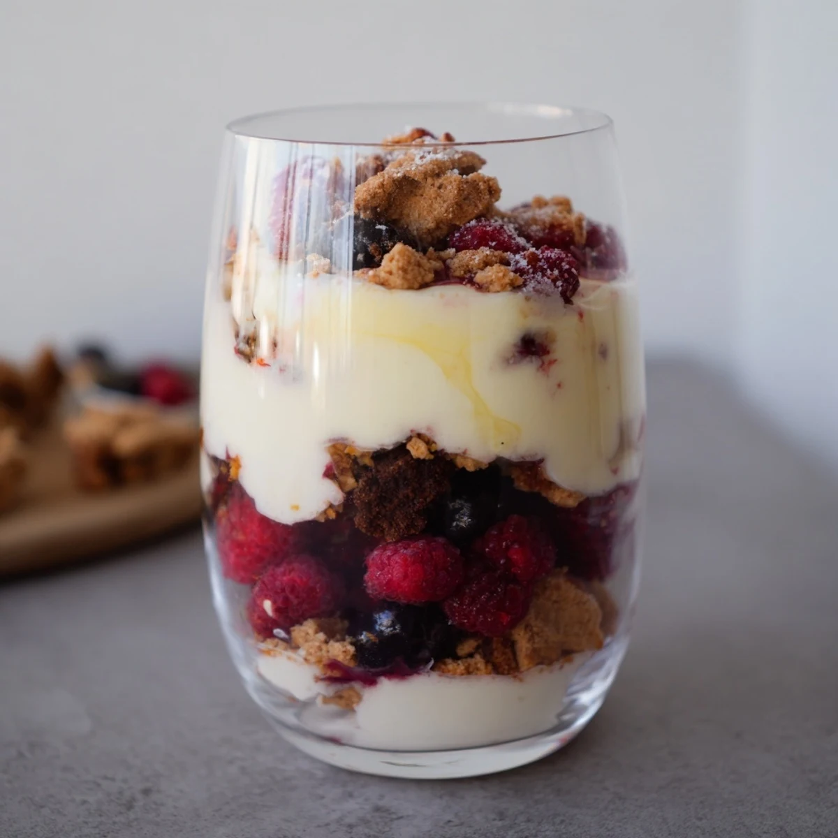 A layered Budget Butterkekse Crumble dessert, showcasing sweet berries, creamy yogurt, and crispy cookie crumbles.