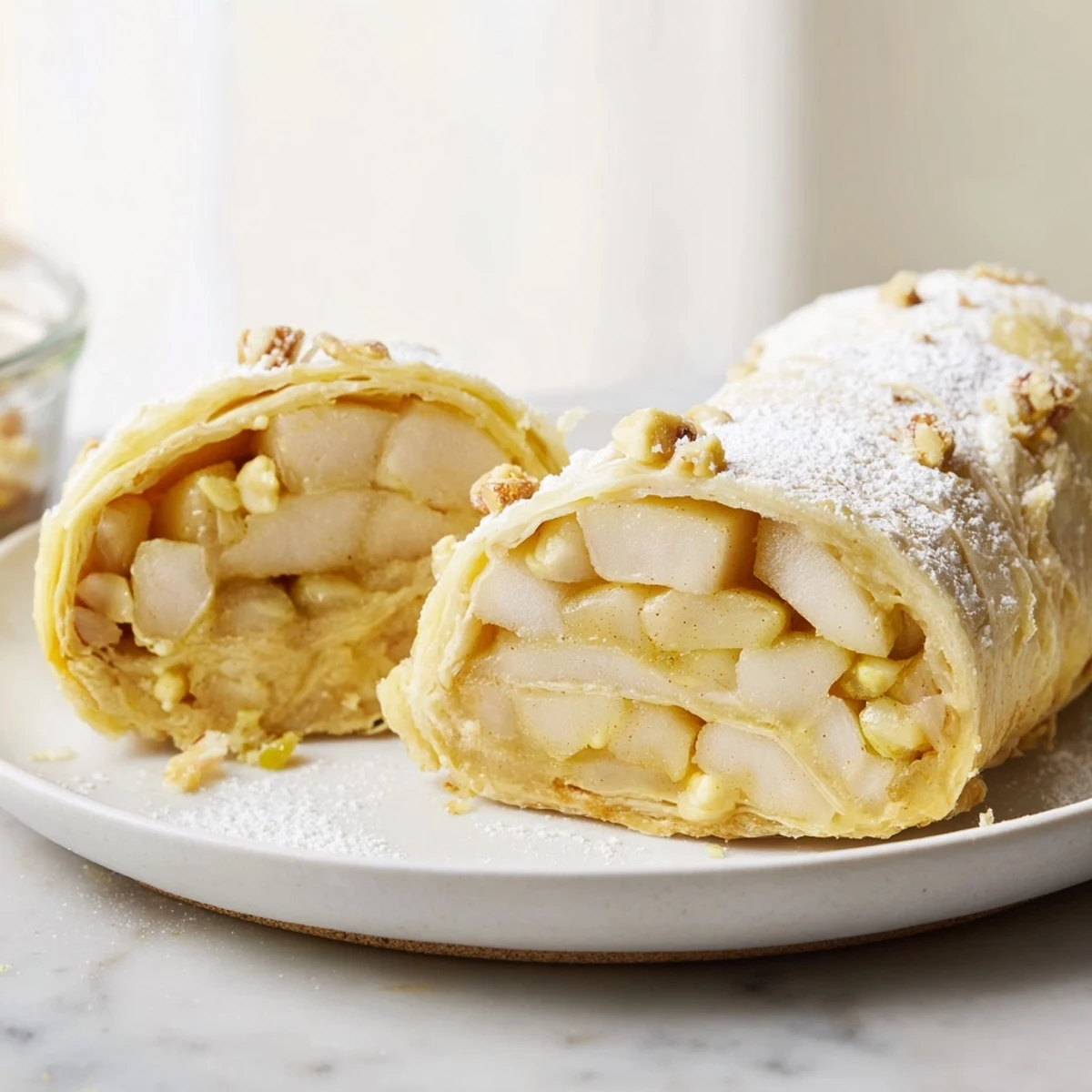 Golden-brown and flaky Express German Apple Strudel Rolls ready for serving with powdered sugar.
