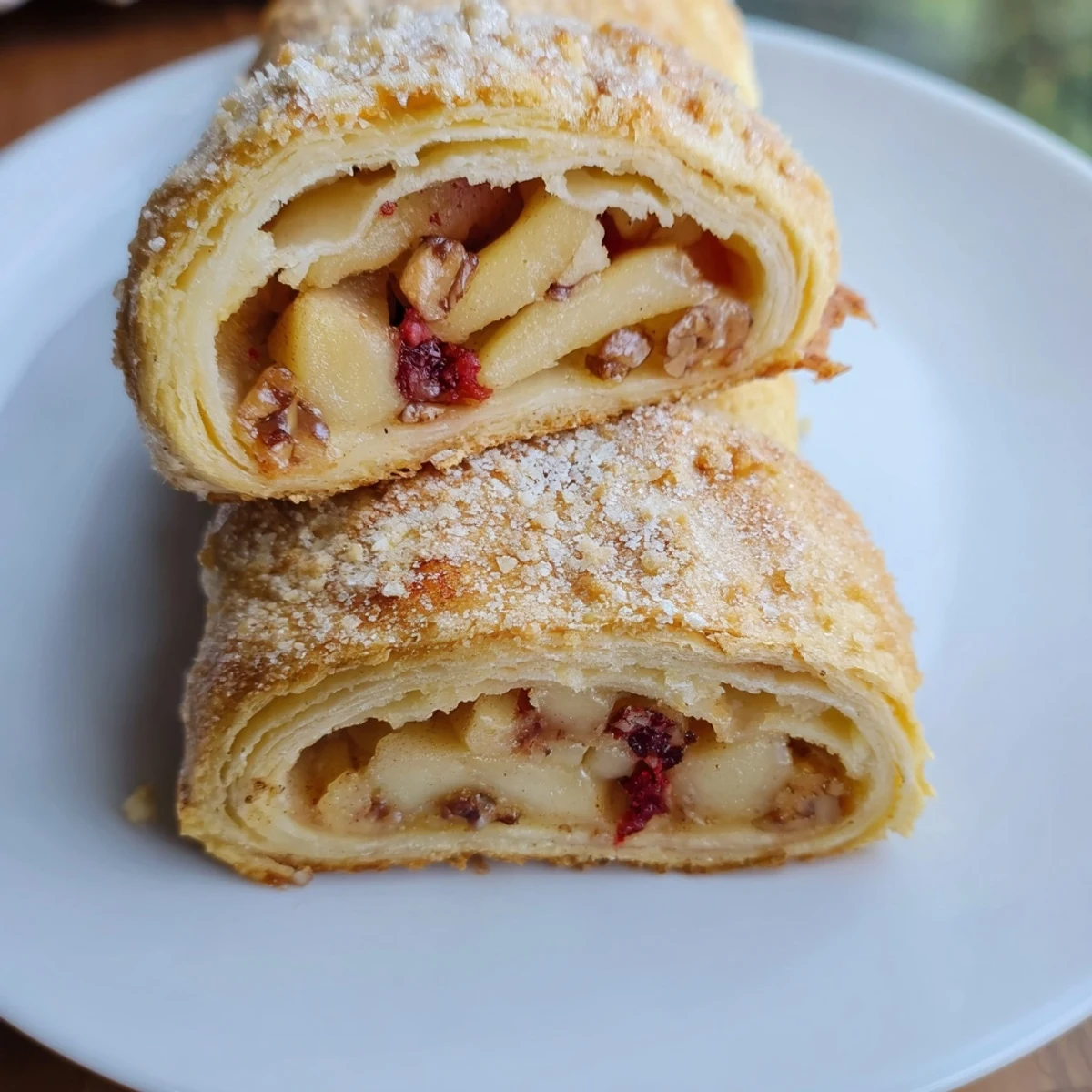Freshly baked Express German Apple Strudel Rolls showcasing a warm apple filling, perfect for a treat.