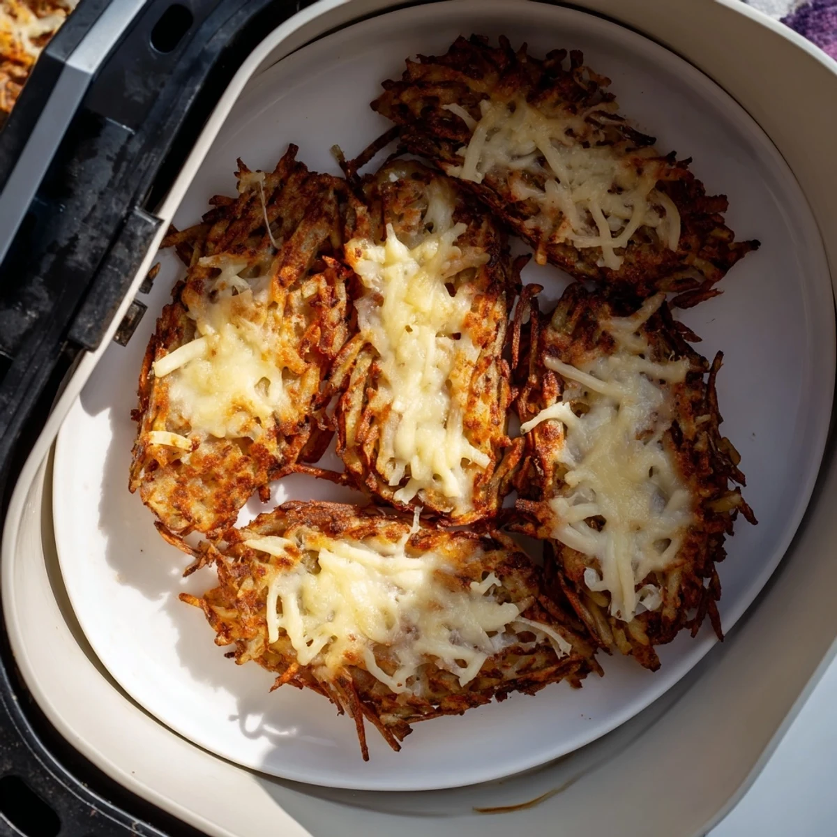 Close-up of bubbling Air Fryer Käsespätzle Cups, topped with caramelized onions ready to eat.