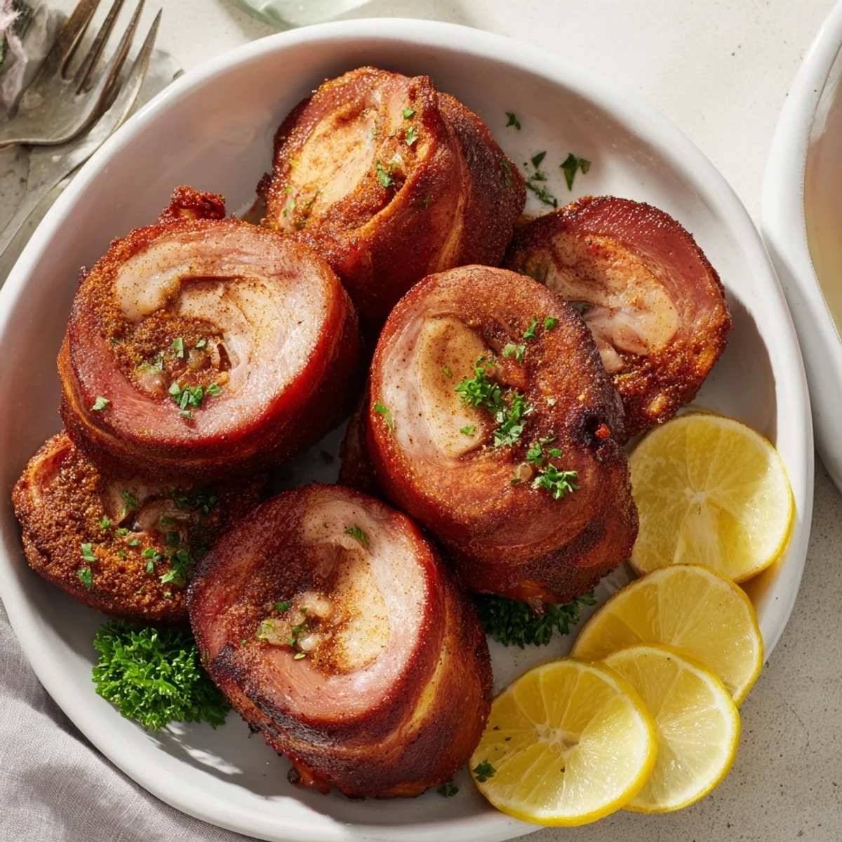 Close-up of succulent Lightened Schweinshaxe Bites, perfectly browned and glistening from the oven, ideal appetizer.