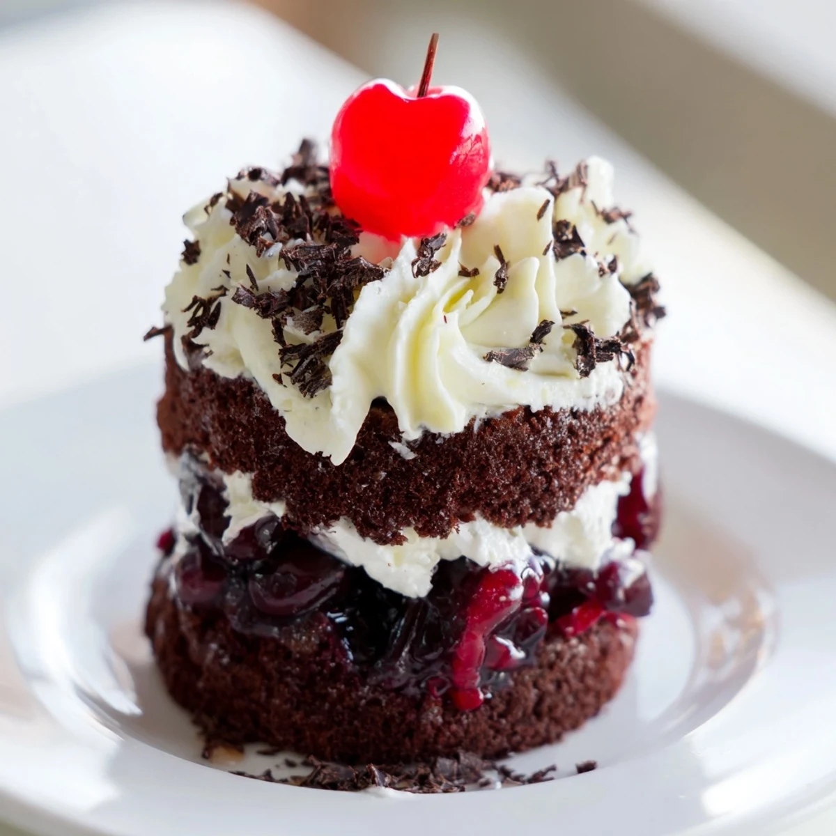 Bite-sized Black Forest cake delights, showcasing layers of cherry filling and whipped cream atop a chocolate cake base.