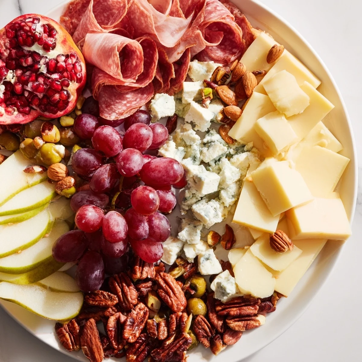 This enticing Winter Wonderland Grazing Tray showcases colorful fruits, savory meats, and delicious cheese selections.