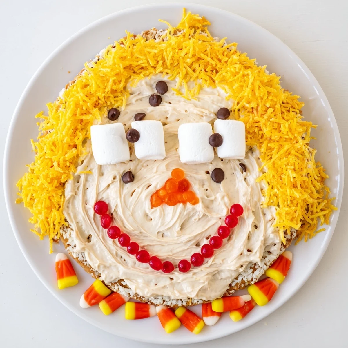 A whimsical Scarecrow Candy Platter featuring a smiling face of colorful candies, perfect for fall.