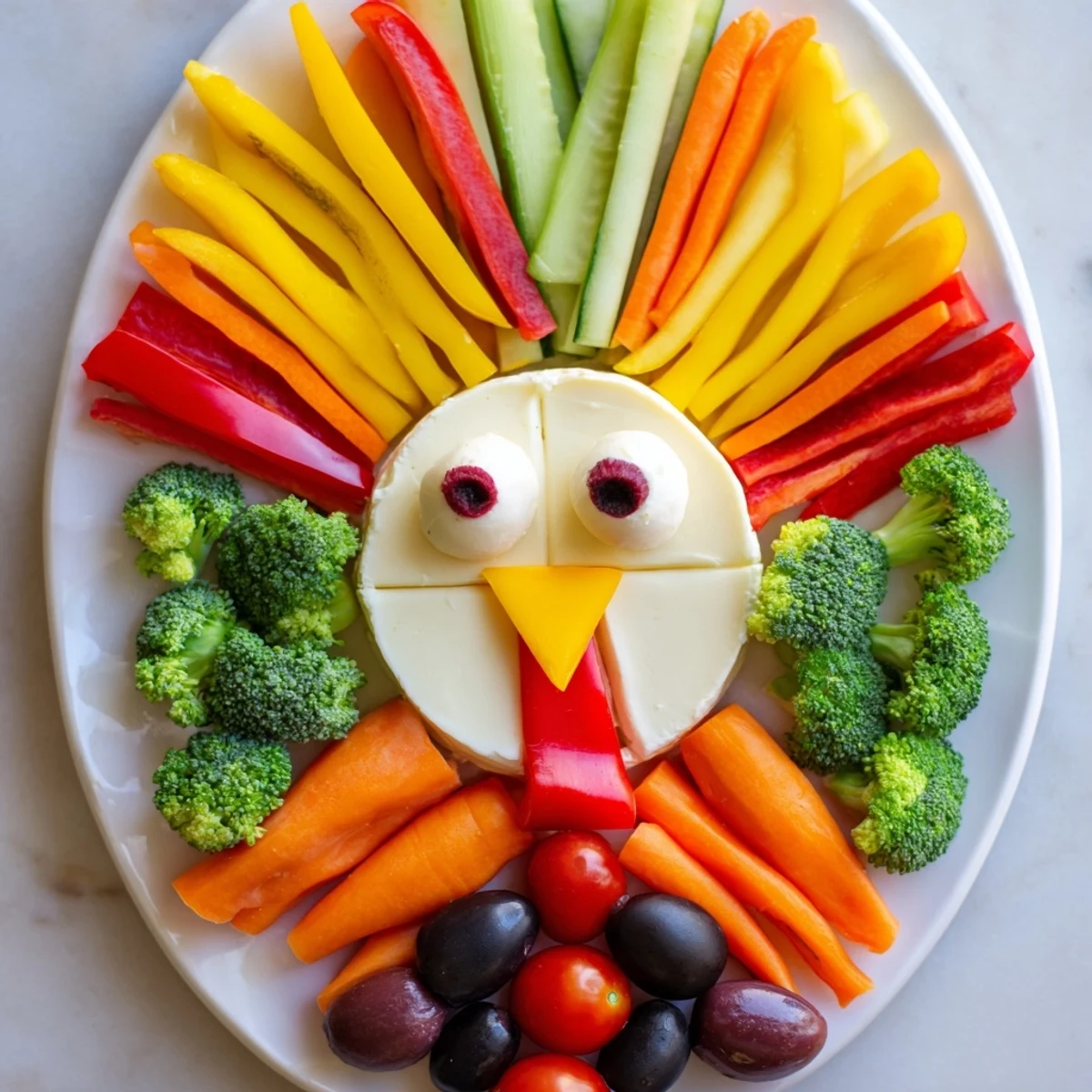 Vibrant image of a Turkey Shaped Appetizer Tray with red pepper wattle and olives for eyes, ready to eat!