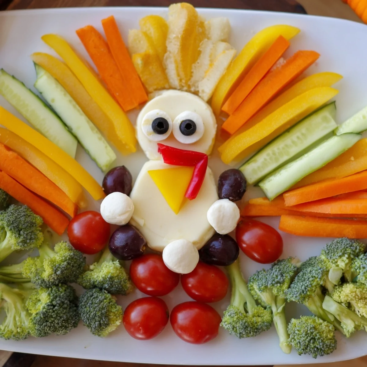 Close-up of a Turkey Shaped Appetizer Tray, a fun appetizer for kids with fresh vegetables and dips.
