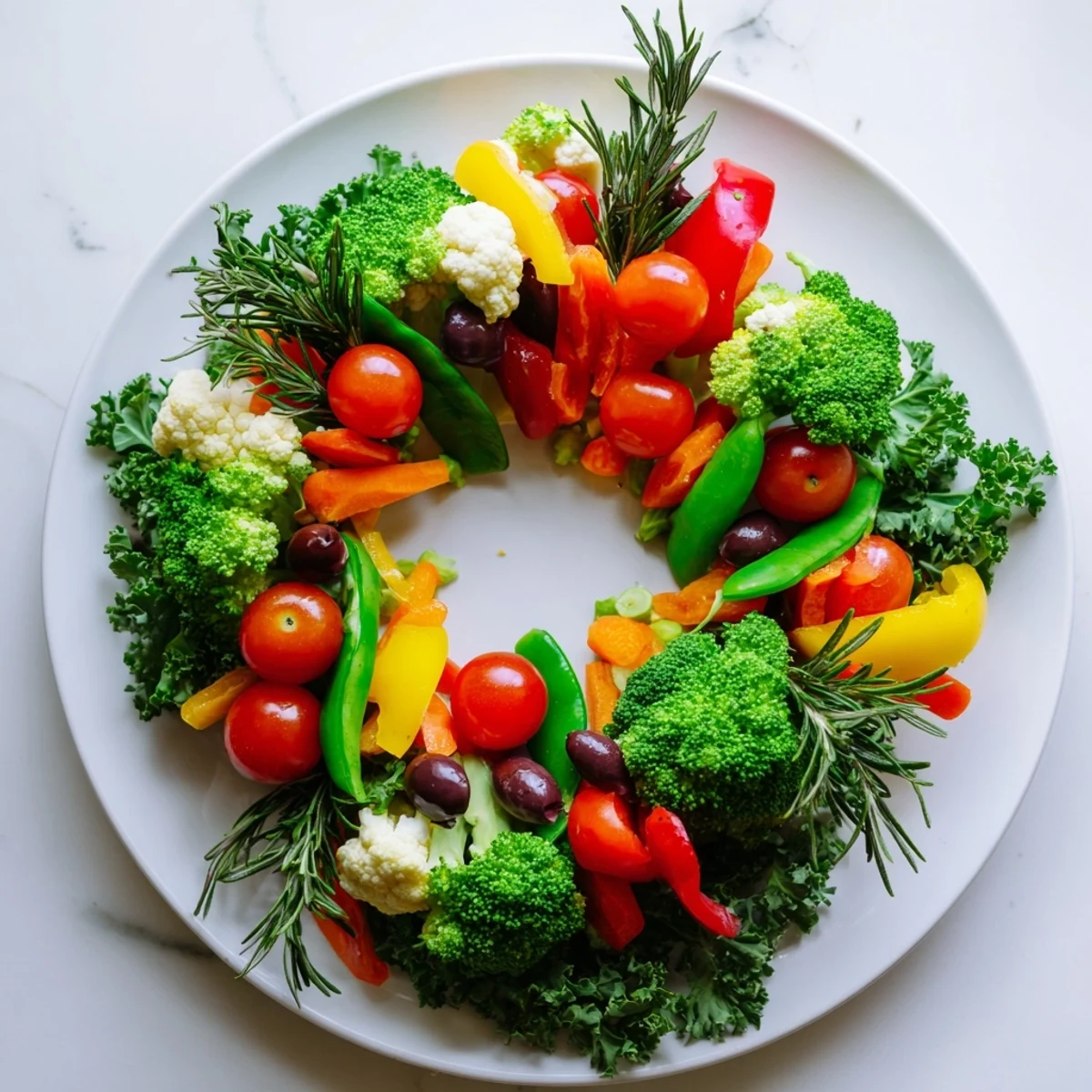 A vibrant garland veggie wreath appetizer with fresh parsley, perfect for a holiday party.