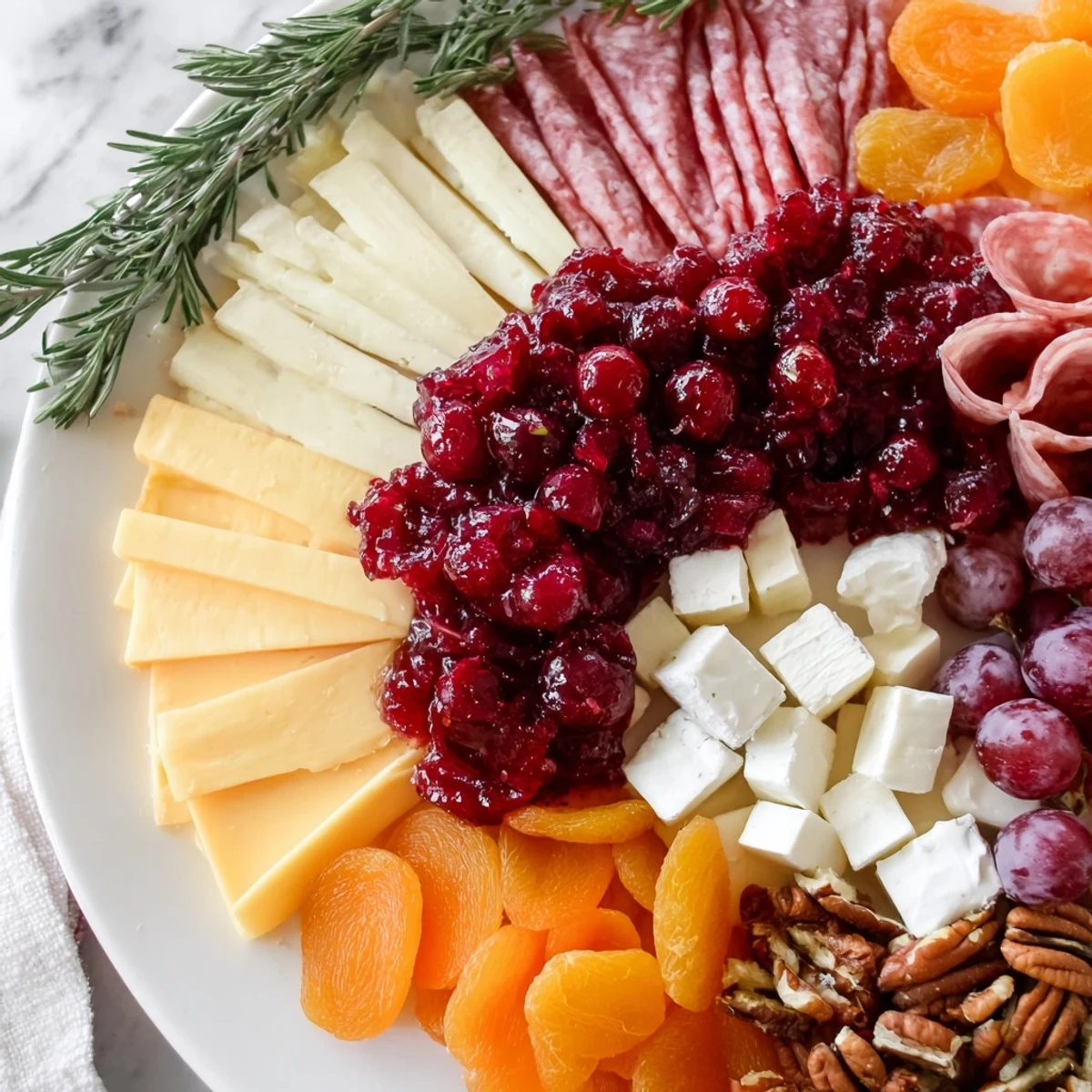 Festive cranberry wreath platter, garnished with fresh rosemary.