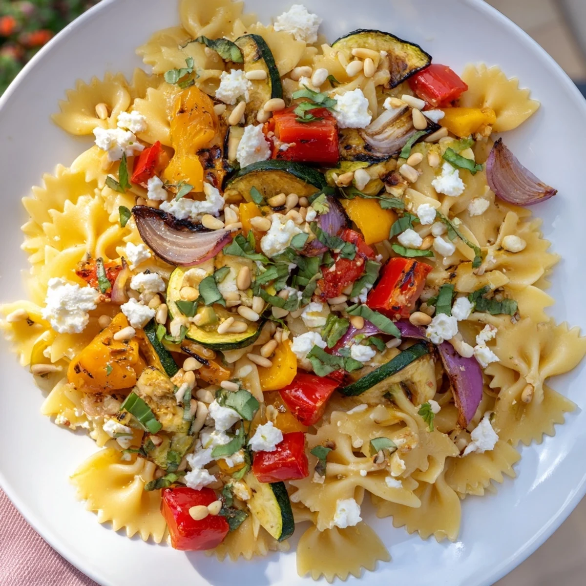 A close-up of the delicious Festive Bow Tie Pasta Platter, perfect for a vegetarian meal.