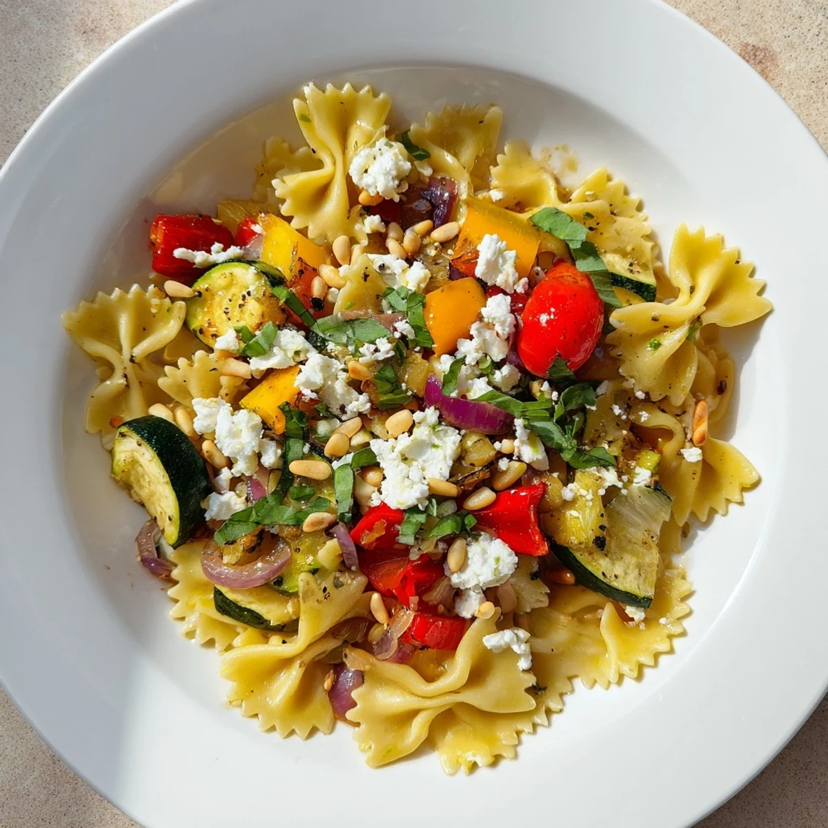 Festive Bow Tie Pasta Platter: a colorful and inviting image of pasta with roasted vegetables and herbs.
