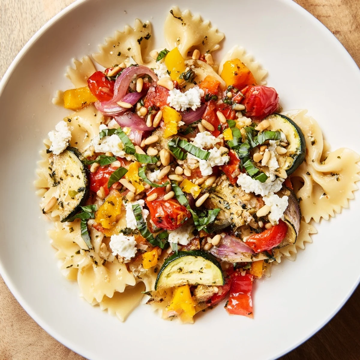 This Festive Bow Tie Pasta Platter shows a vibrant, flavorful dish with fresh herbs and toasted nuts.