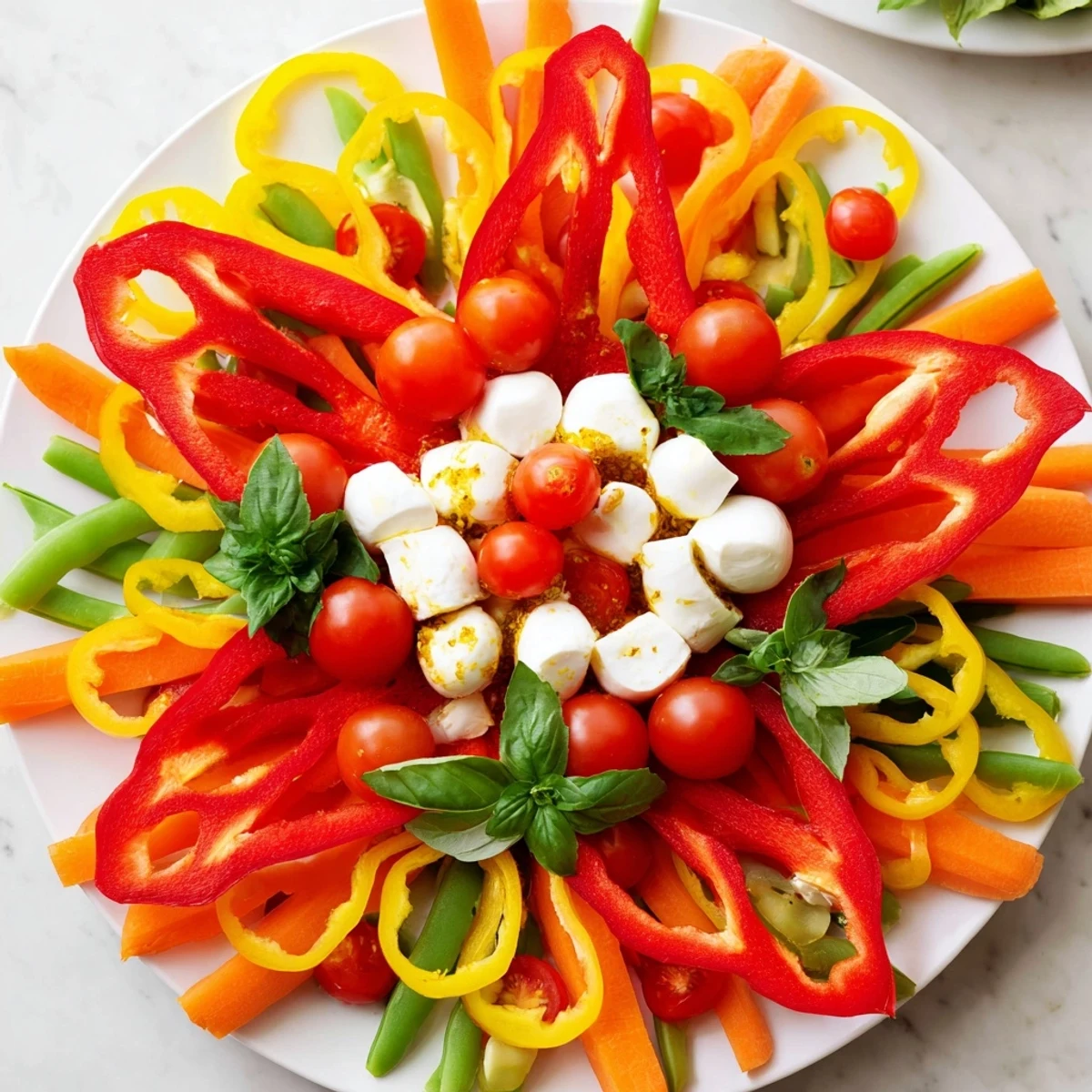 Holiday Festive Poinsettia Platter with red pepper "petals" and mozzarella, ready as a delicious appetizer.