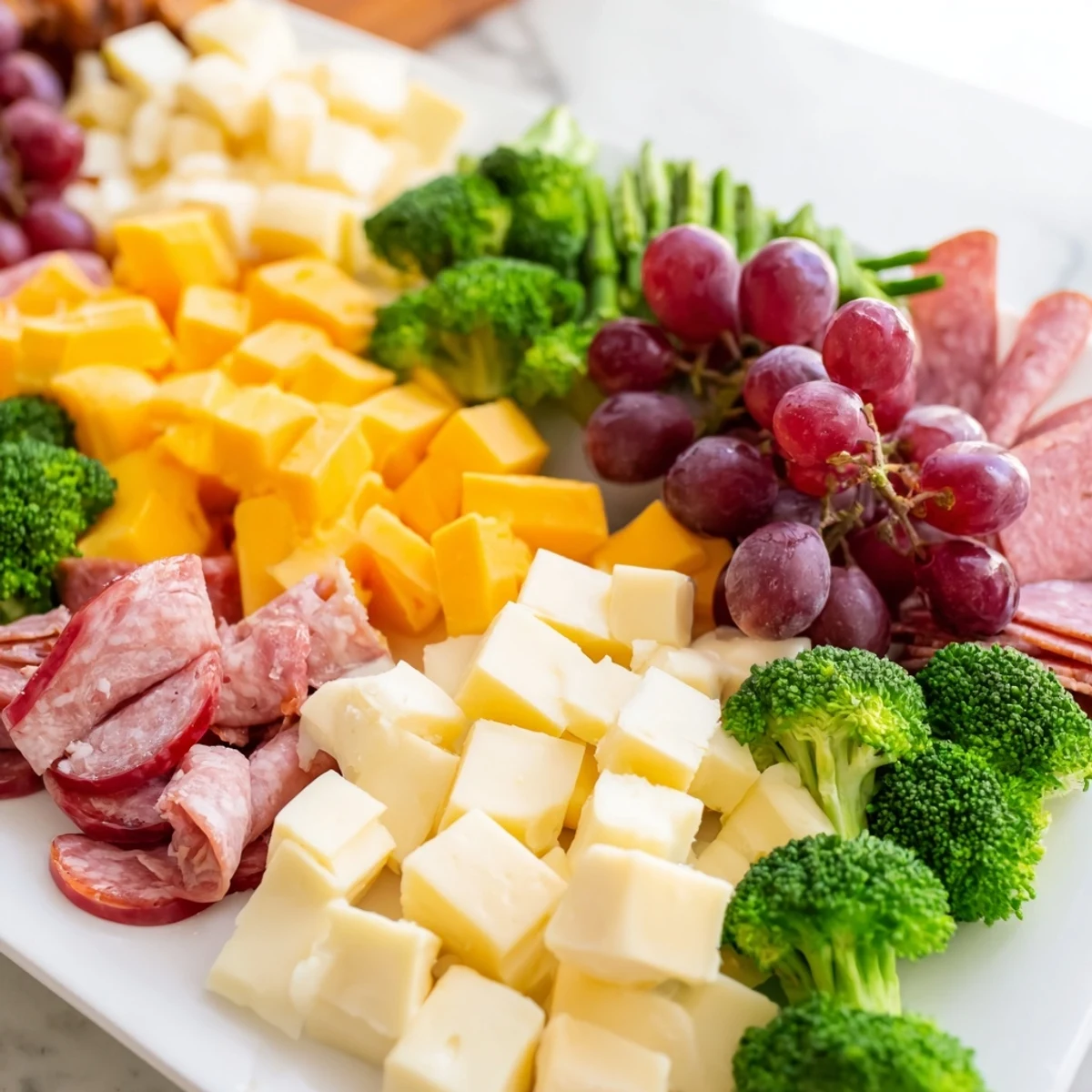 Festive evergreen tree snack board overflowing with colorful cheeses, charcuterie, and fresh fruit delights.