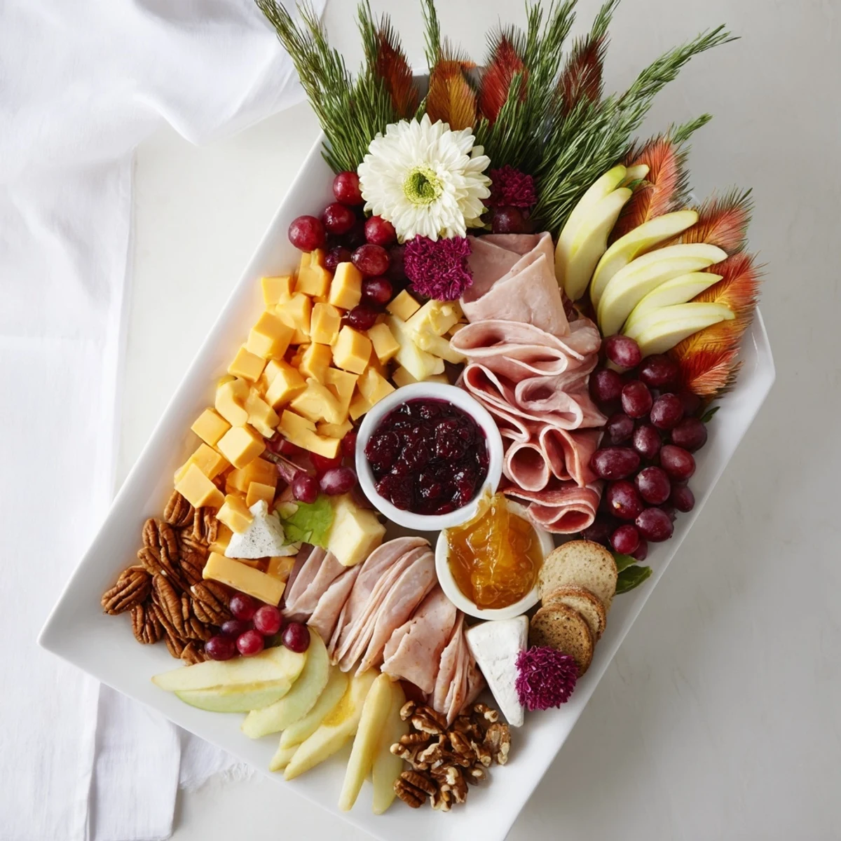 A stunning Maple Leaf Grazing Tray, overflowing with cheeses, fruits, and meats for autumn entertaining.
