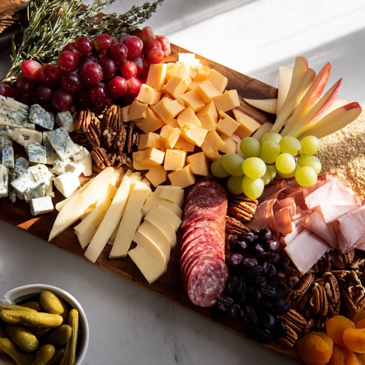 A beautifully arranged Sleigh Ride Charcuterie board with cheese, meats, and festive garnishes for a holiday gathering.