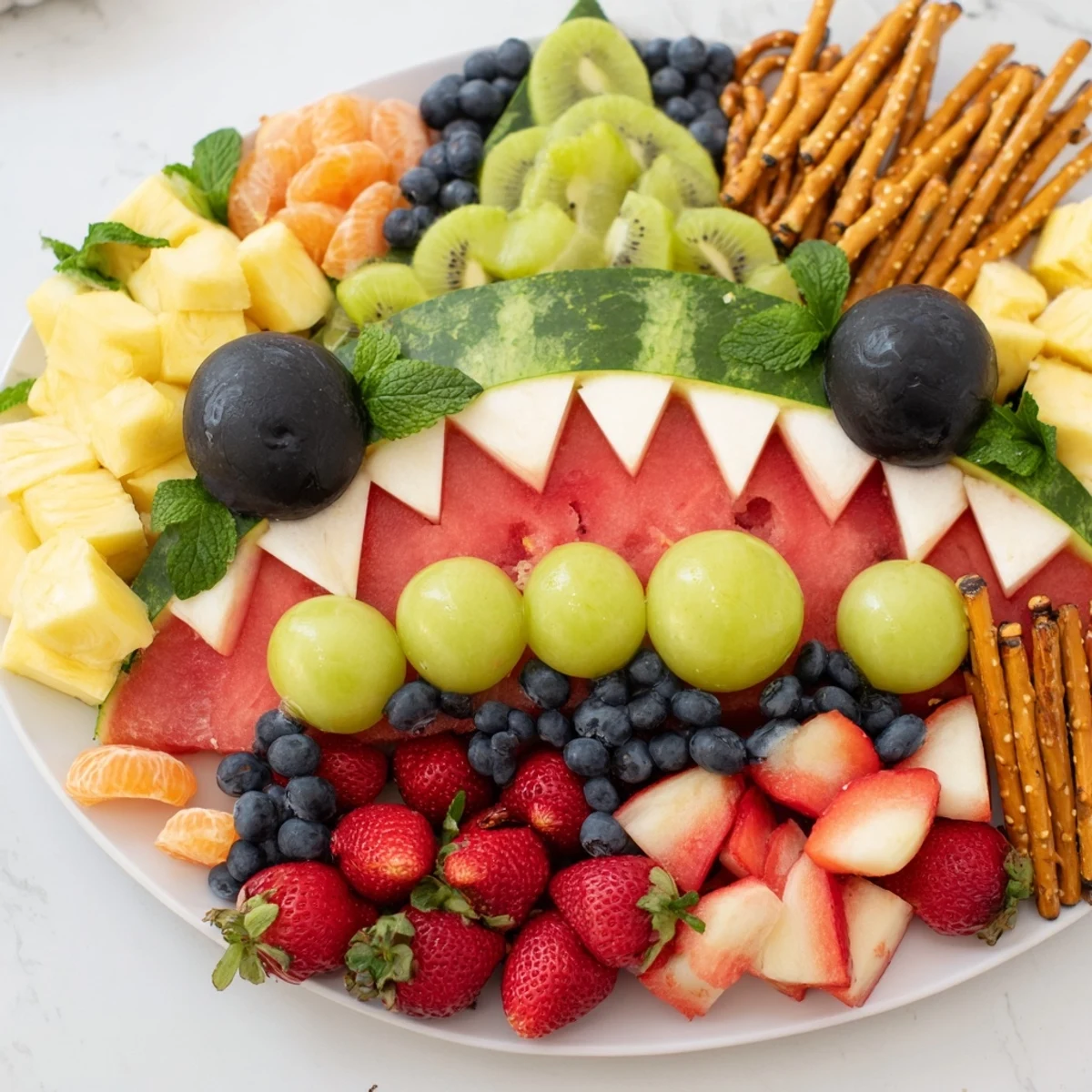A vibrant Watermelon Wave Shark Snack Board: a whimsical culinary creation filled with fresh summer fruits.