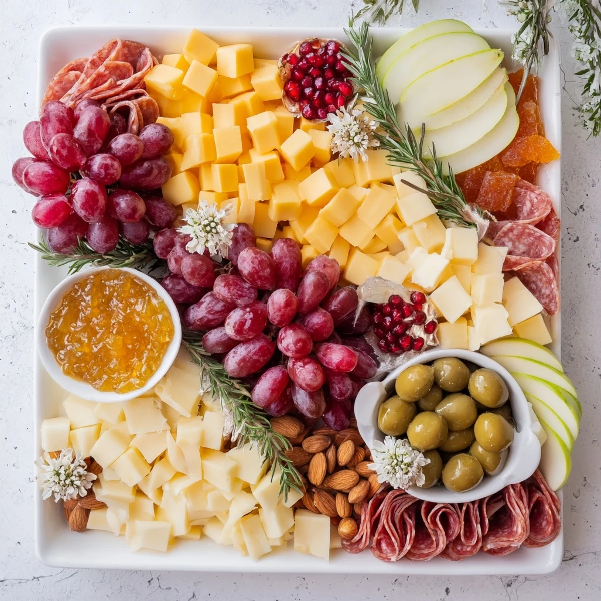 Delectable Holiday Bow Appetizer Platter features gourmet cheeses, salami, and grapes; perfect for a party.