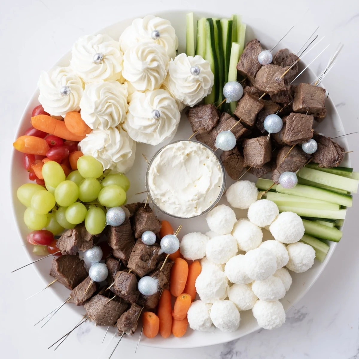 A visually stunning Fluffy Clouds Lamb Baby Shower Board with tender lamb and cheese clouds.
