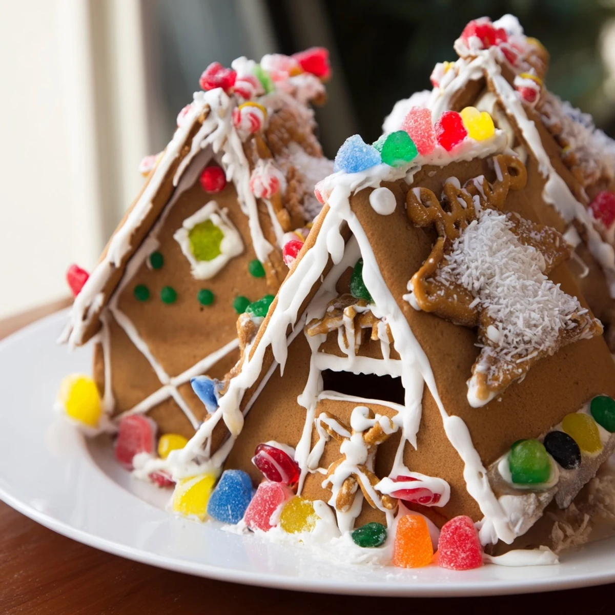 Delicious gingerbread house decorating kit shown; ready to assemble, decorate, and enjoy for the holidays.