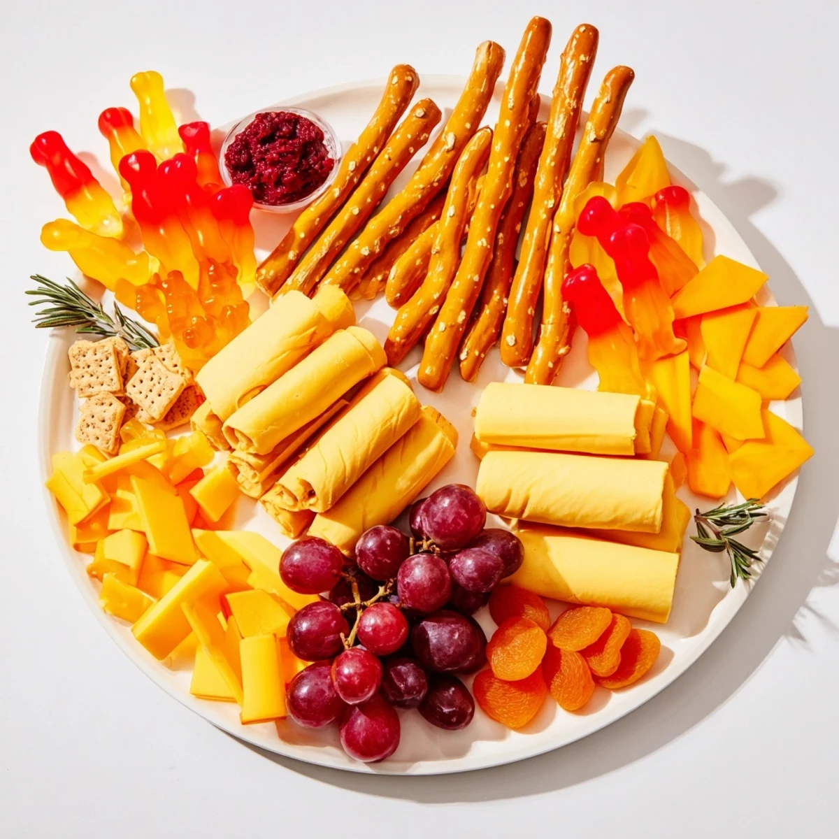 A festive Flickering Fire Log Snack Board with colorful flames of fruit and gummies.