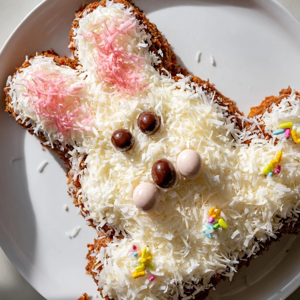 A whimsical Spring Bunny Carrot Cake, frosted and ready to serve for spring gatherings.