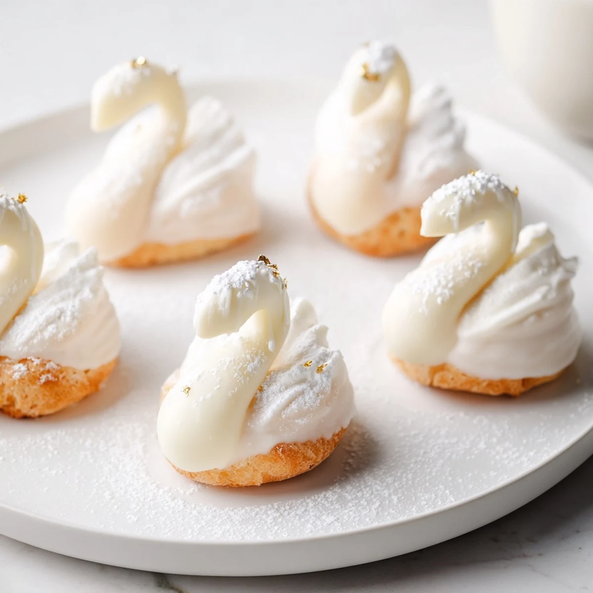 A platter of Elegant Swan Petit Fours, white and delicate, ready for tea.