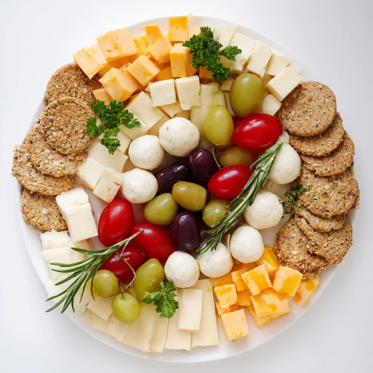 Jingle Bell Cheese & Cracker Wreath with colorful grapes and olives arranged on a platter.