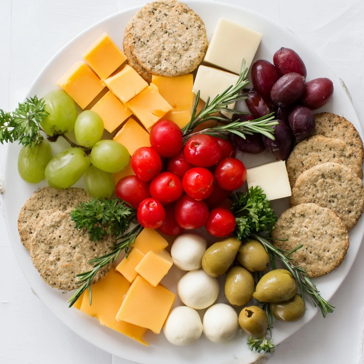 A close-up of a festive Jingle Bell Cheese & Cracker Wreath, perfect for holiday party snacks.