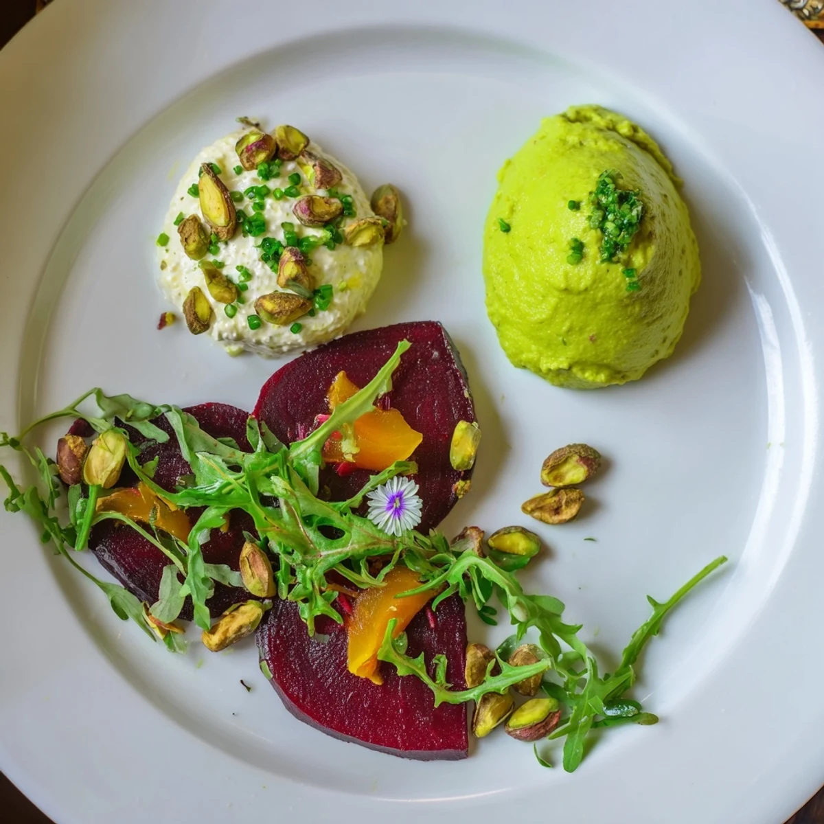 Vibrant photo of plated Lucky Clover Seasonal Starters, featuring green pea puree and beet carpaccio.