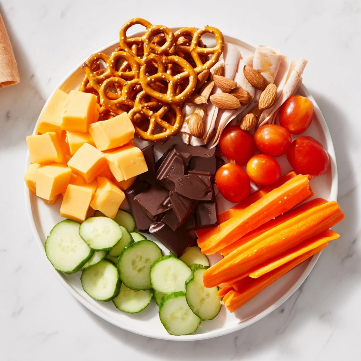 A colorful Renard Rusé Snack Assortment platter features savory cheese, pretzels, and fresh vegetable sticks.