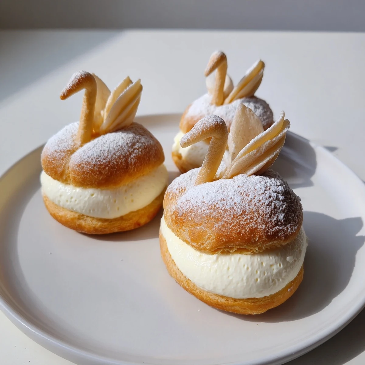 Elegant Swan Mini Pastries, beautifully arranged, filled with vanilla cream, ready to serve as a dessert.