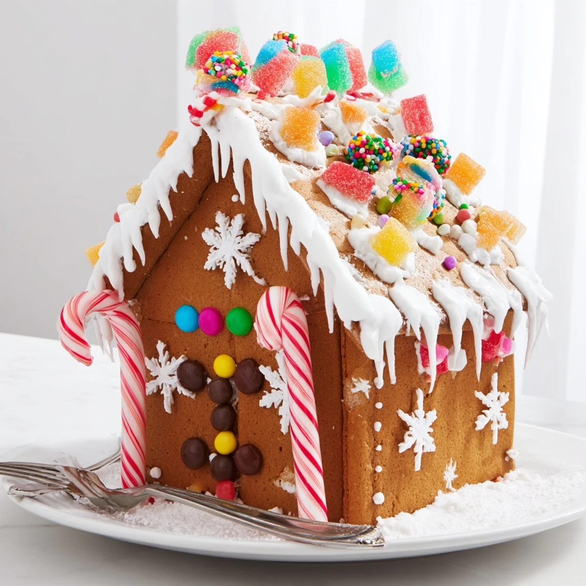 This gingerbread house photo showcases colorful candies skillfully placed on sturdy baked panels.