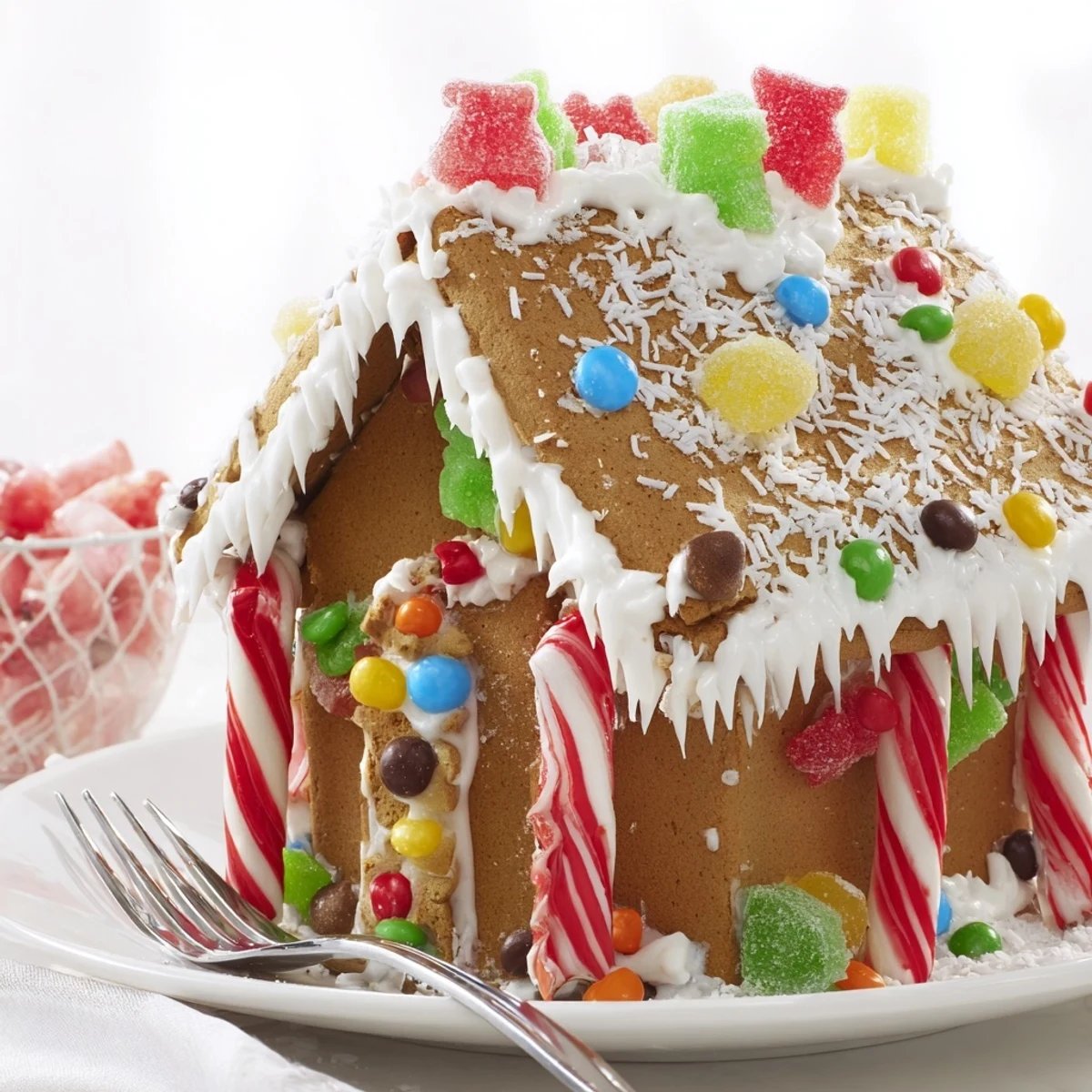 Homemade gingerbread house with a snowy roof, perfect dessert for the holidays and families.