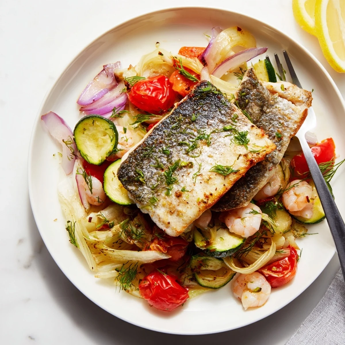 Freshly baked Plongeons dans lOcéan Poisson Bleu: a colorful dish with lemon-infused blue fish and shrimp.