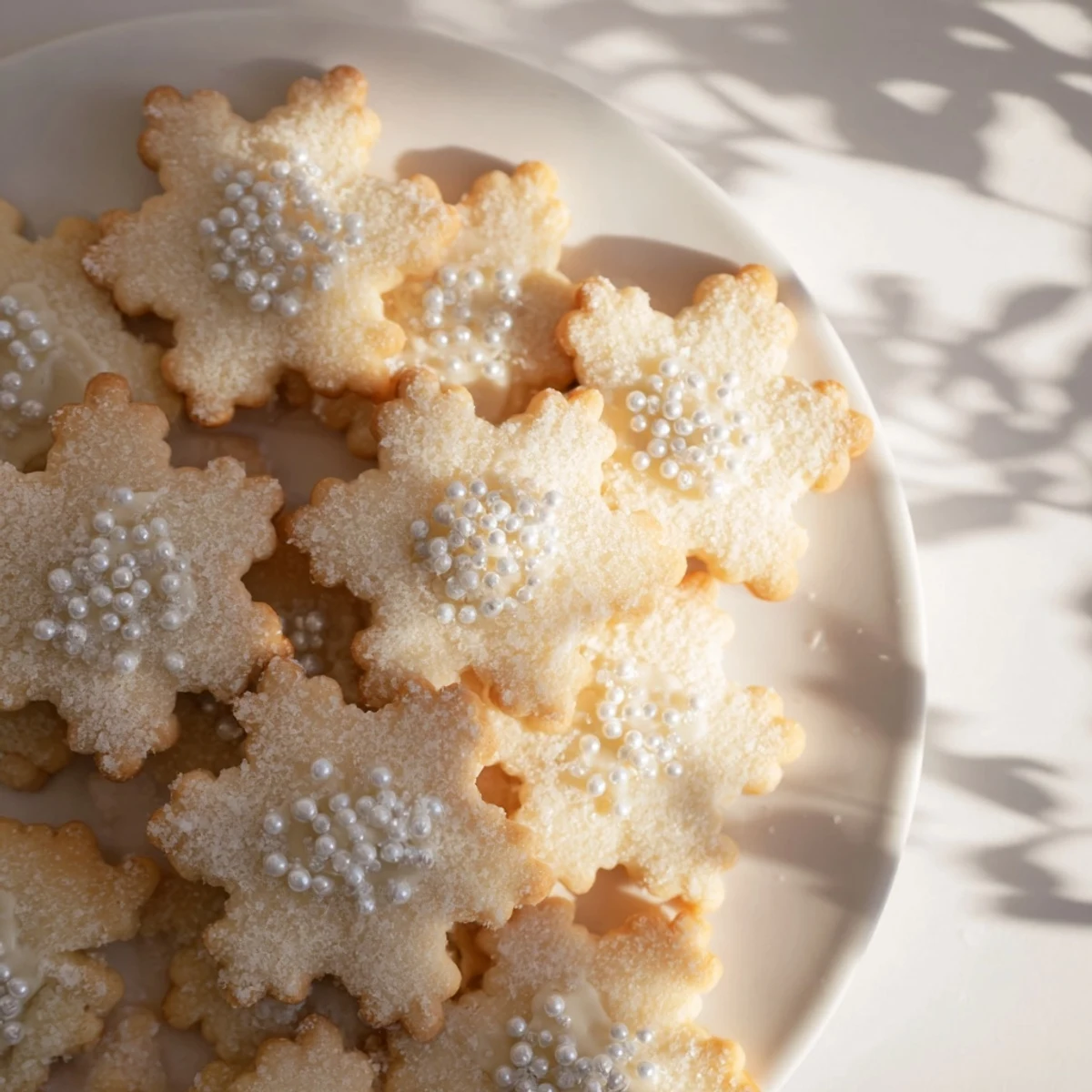 A platter of Winter Snowflake cookies, iced and sparkling, ready for the holiday season or winter tea.