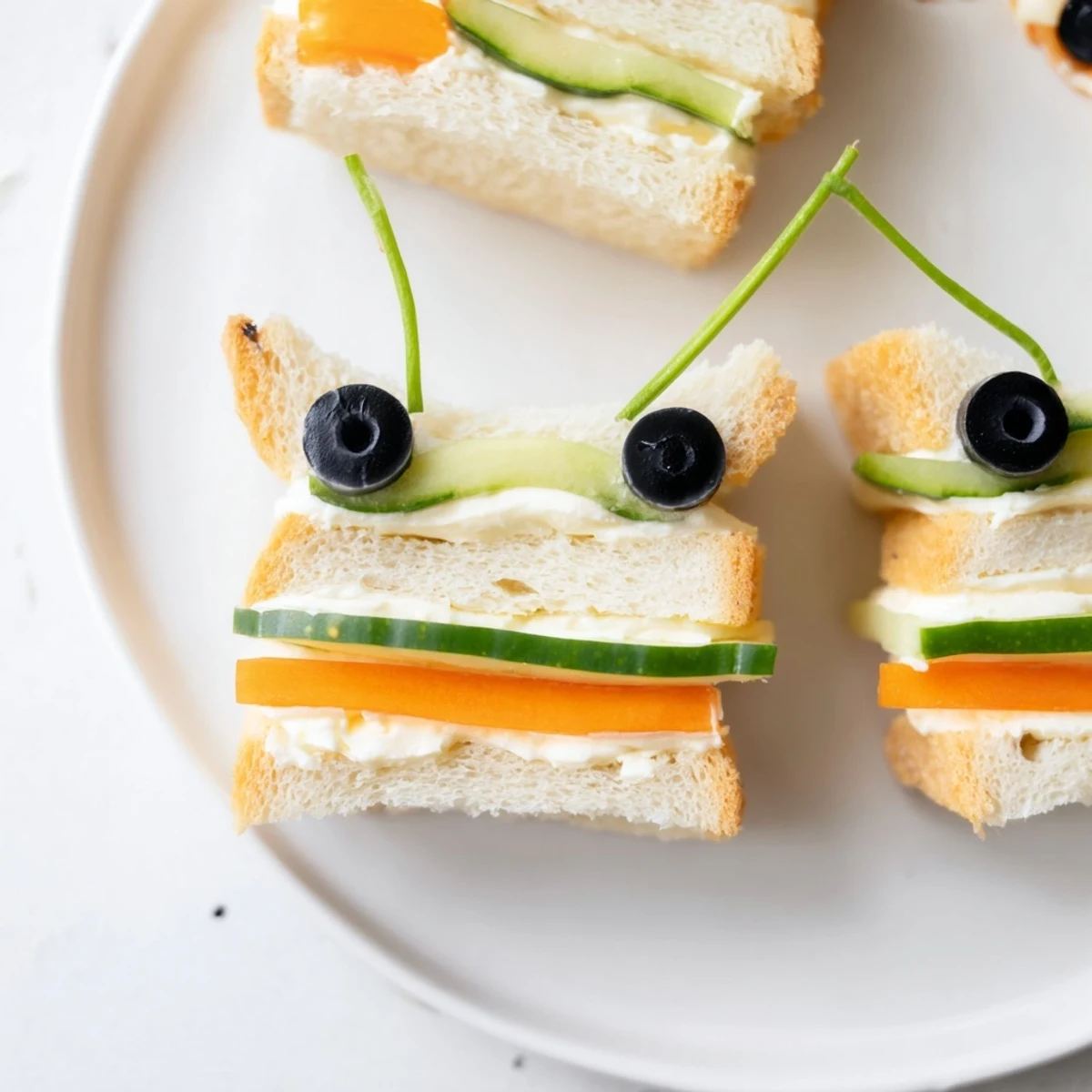 Delightful bee sandwich cutouts featuring olives, displayed with vibrant fruits and veggies at a picnic.