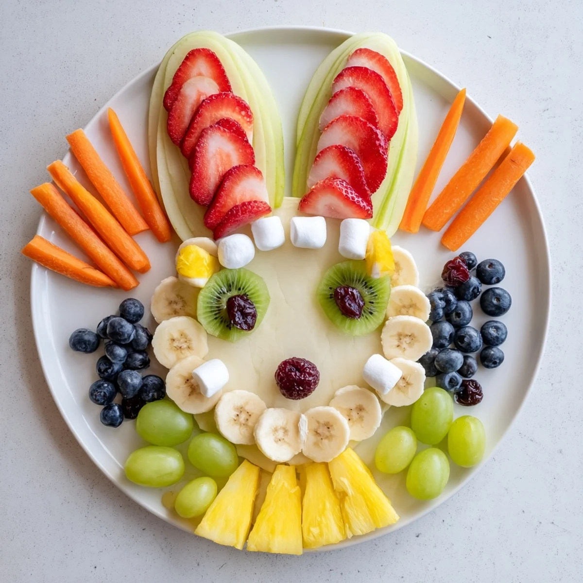 A vibrant bunny face fruit salad platter, featuring strawberries, blueberries, and kiwi, perfect for brunch.
