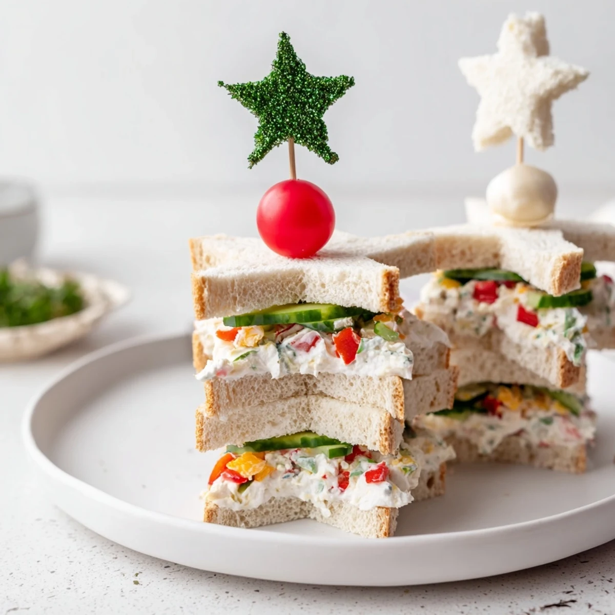 Stacked Star Christmas Tree Sandwiches, festive appetizers, stacked in star shapes with colorful garnishes.