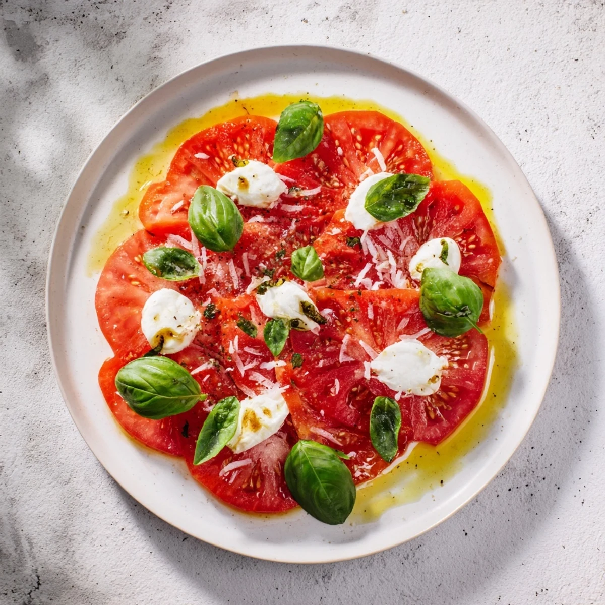 Vivid Starfish Caprese Salad with bright red tomatoes, creamy mozzarella, and basil ready to serve.